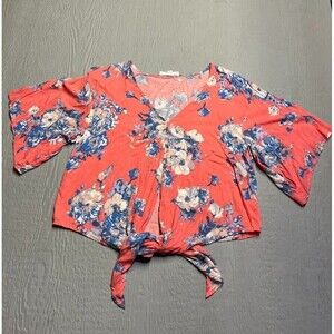 Love Stitch Coral Orange Floral Tie-Front Blouse Sz M V-Neck Top Vibrant Print